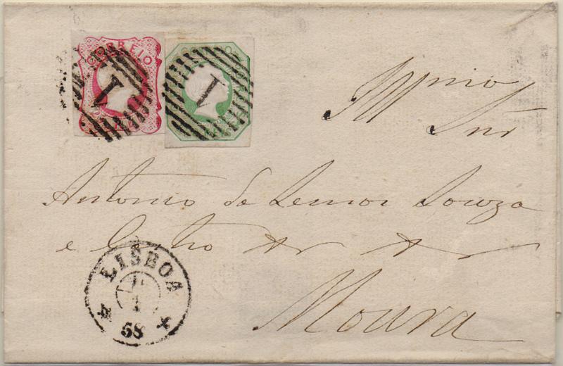 2444.jpg -     Lote:    2444      Lotes pelo Correio              Descrição:         1855/58 &mdash; D. Pedro V, cabelos lisos + D. Pedro V, cabelos anelados. Carta circulada de Lisboa (15.01.58) para Moura com selos de 50 reis CE8 e 25 reis CE13.        Carta       Valor Base:     &euro; 20,00     Valor Venda:     &euro;      