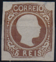 2450.jpg -     Lote:    2450      Lotes pelo Correio              Descrição:         1856/58 &mdash; D. Pedro V. Cabelos anelados. CE10, 5 reis castanho. Selo sem goma.        *       Valor Base:     &euro; 50,00     Valor Venda:     &euro;      
