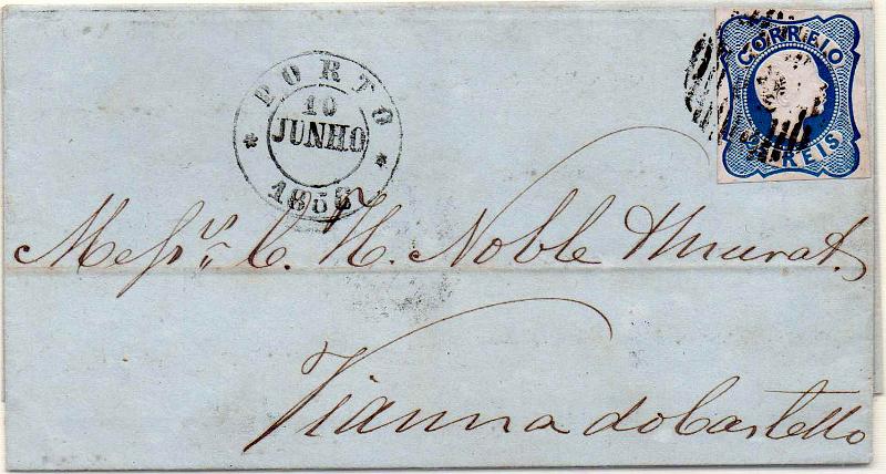 2451.jpg -     Lote:    2451      Lotes pelo Correio              Descrição:         1856/58 &mdash; D. Pedro V. Cabelos anelados. Linhas simples. CE11, 25 reis em carta circulada do Porto (10.06.56) para Viana do Castelo. MB.        Carta       Valor Base:     &euro; 12,00     Valor Venda:     &euro;      
