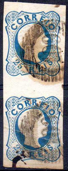 2454.jpg -     Lote:    2454      Lotes pelo Correio              Descrição:         1856/58 &mdash; D. Pedro V. Cabelos anelados. CE12 (linhas duplas), 25 reis azul. Par vertical, com carimbo numérico da 1.ª reforma de 20 barras "109 &mdash; PONTE DE LIMA".        O       Valor Base:     &euro; 6,00     Valor Venda:     &euro;      