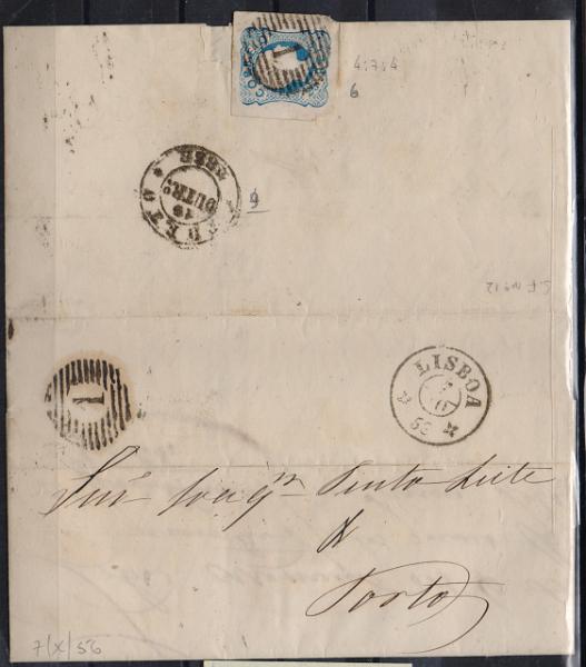 2455.jpg -     Lote:    2455      Lotes pelo Correio              Descrição:         1856/58 &mdash; D. Pedro V. Cabelos anelados. CE12, 25 reis azul em carta circulada de Lisboa (07.10.58) para o Porto. Obliterado com carimbo de barras tipo 4.7.4.        Carta       Valor Base:     &euro; 10,00     Valor Venda:     &euro;      