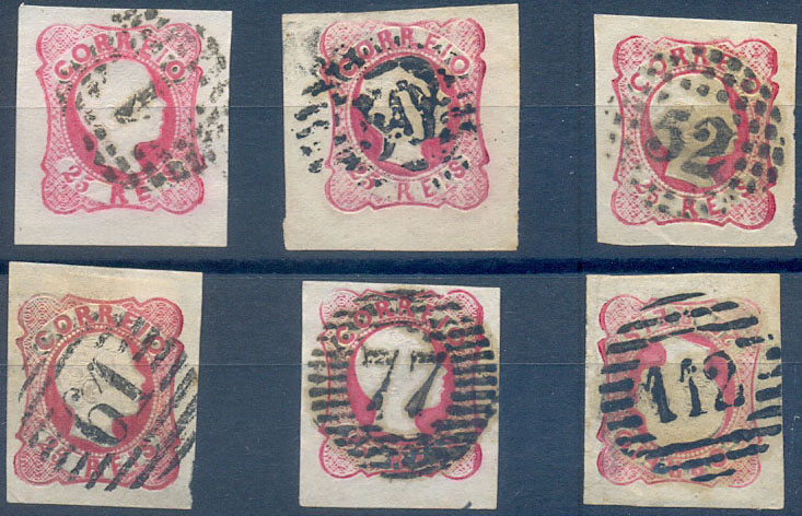 2456.jpg -     Lote:    2456      Lotes pelo Correio              Descrição:         1856/58 - D. Pedro V. Cabelos anelados. Lote de 6 selos CE13, 25 reis, carmim rosa, com boas margens. Obliterados com carimbos da 1ª reforma de "1", "50" &mdash; Ponta Delgada, "52", "61", "77" e "112". Valor de catálogo &euro; 72,00.        O       Valor Base:     &euro; 10,00     Valor Venda:     &euro;      