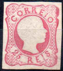 2457.jpg -     Lote:    2457      Lotes pelo Correio              Descrição:         1856/58 &mdash; D. Pedro V. Cabelos anelados. CE13, 25 reis carmim. Selo novo com margens curtas, sem goma.         *       Valor Base:     &euro; 25,00     Valor Venda:     &euro;      