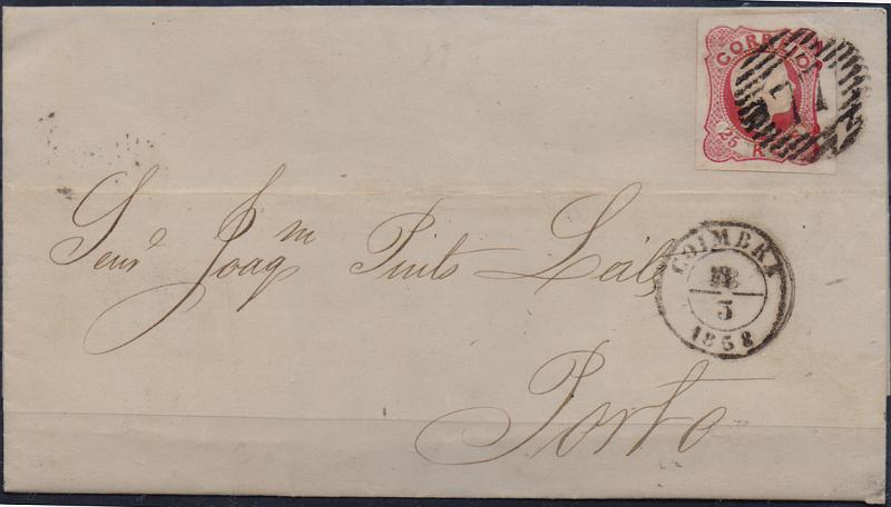 2459.jpg -     Lote:    2459      Lotes pelo Correio              Descrição:         1856/58 &mdash; D. Pedro V. Cabelos anelados. CE15 25 reis rosa carmim em carta circulada de Coimbra (11.03.58) para o Porto. Carimbo da 1.ª reforma 77 (tipo 20 barras).        Carta       Valor Base:     &euro; 5,00     Valor Venda:     &euro;      