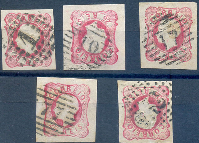 2468.jpg -     Lote:    2468      Lotes pelo Correio              Descrição:         1862/64. D. Luís I. Não denteado. CE16, 25 reis, carmim rosa. Lote de 5 selos com marcofilia diversa da 1ª reforma: "1"- Lisboa; "10" &mdash; Arruda;"17"- Caldas, "77" &mdash; Coimbra e "72"(?)- Pico de Regalados.        O       Valor Base:     &euro; 8,00     Valor Venda:     &euro;      