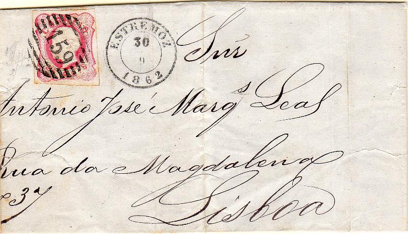 2469.jpg -     Lote:    2469      Lotes pelo Correio              Descrição:         1862/64 &mdash; D. Luís I. CE16, 25 reis rosa carmim em carta circulada de Estremoz (30.09.62) para Lisboa.        Carta       Valor Base:     &euro; 16,00     Valor Venda:     &euro;      