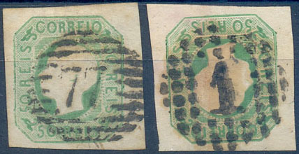 2470.jpg -     Lote:    2470      Lotes pelo Correio              Descrição:         1862/64. D. Luís I. Não denteado. CE17, 50 reis, verde. Lote de 2 selos com marcofilia diversa da 1ª reforma: carimbo de pontos de "1"- Lisboa, e carimbo de barras "77" &mdash; Coimbra. Valor de catálogo &euro; 280,00.        O       Valor Base:     &euro; 20,00     Valor Venda:     &euro;      