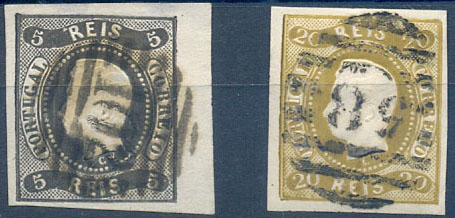 2475.jpg -     Lote:    2475      Lotes pelo Correio              Descrição:         1866/67 - D. Luís I. Fita curva. Não denteado. CE19 e CE21. Lote composto por selo de 5 reis, preto e selo de 20 reis, bistre. Carimbos de "102"- Vianna e "58" &mdash; Celorico de Basto, respetivamente. Valor de catálogo &euro; 132,00.        O       Valor Base:     &euro; 11,00     Valor Venda:     &euro;      