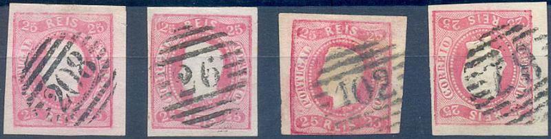 2480.jpg -     Lote:    2480      Lotes pelo Correio              Descrição:         1866/67 - D. Luís I. Fita curva. Não denteado. CE22. Lote composto por 4 selos de 25 reis, carmim. Carimbos "208"- Faro, "26" &mdash; Leiria, "102"- Vianna e "78" &mdash; Águeda. Valor de catálogo &euro; 60,00.        O       Valor Base:     &euro; 5,00     Valor Venda:     &euro;      