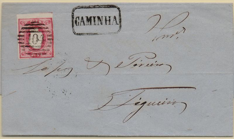 2482.jpg -     Lote:    2482      Lotes pelo Correio              Descrição:         1866/67 &mdash; D. Luís I. Fita curva, não denteados. CE22, 25 reis carmim em carta circulada de Caminha para a Figueira (13.07.67). Carimbo batido a preto "CAMINHA".         Carta       Valor Base:     &euro; 15,00     Valor Venda:     &euro;      
