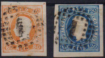 2487.jpg -     Lote:    2487      Lotes pelo Correio              Descrição:         1866/67 &mdash; D. Luís I. Fita curva, não denteados. CE24 e 26, 80 reis e 120 reis. Selos com boas margens. Valor de catálogo &euro; 250,00.        O       Valor Base:     &euro; 20,00     Valor Venda:     &euro;      