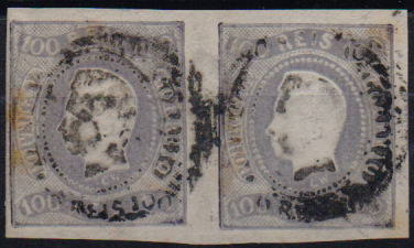 2489.jpg -     Lote:    2489      Lotes pelo Correio              Descrição:         1866/97 &mdash; D. Luís I. Fita curva, não denteado. CE25, 100 reis lilás malva. Par horizontal com boas margens, mas com alguns pontos de óxido. Valor de catálogo &euro; 420,00.        O       Valor Base:     &euro; 20,00     Valor Venda:     &euro;      