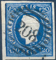 2490.jpg -     Lote:    2490      Lotes pelo Correio              Descrição:         1866/67 - D. Luís I. Fita curva. Não denteado. CE26, selo de 120 reis, azul-escuro. Carimbo "208" - Faro. Valor de catálogo &euro; 130,00.        O       Valor Base:     &euro; 10,00     Valor Venda:     &euro;      