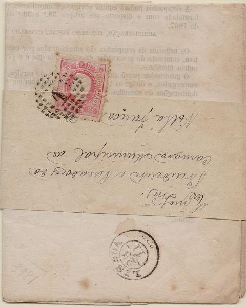 2499.jpg -     Lote:    2499      Lotes pelo Correio              Descrição:         1870/76 &mdash; D. Luís I, fita curva denteados. CE30, 25 reis em cinta de impresso circulado de Lisboa (25.11.68).         Carta       Valor Base:     &euro; 8,00     Valor Venda:     &euro;      