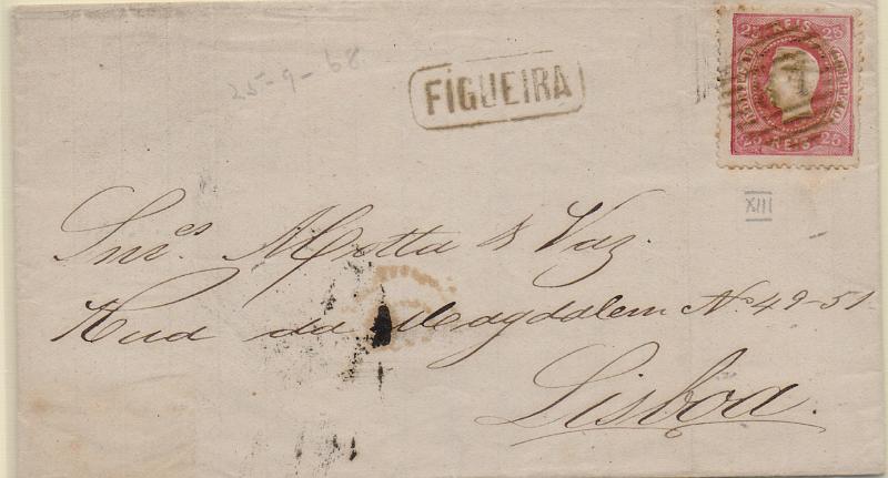 2500.jpg -     Lote:    2500      Lotes pelo Correio              Descrição:         1868/70 &mdash; D. Luís I. Fita curva, denteados. CE30, 25 reis carmim, cunho XIII, em carta circulada da Figueira para Lisboa (25.09.68). Carimbo batido a sépia "FIGUEIRA" e carimbo da 1.ª reforma "87".        Carta       Valor Base:     &euro; 12,00     Valor Venda:     &euro;      
