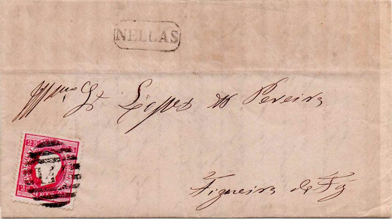 2511.jpg -     Lote:    2511      Lotes pelo Correio              Descrição:         1870/76 &mdash; D. Luís I, fita direita. CE40, 25 reis carmim, denteado 12 &frac12; em carta circulada de Nelas para a Figueira da Foz. Carimbo nominativo batido a preto de "NELLAS" e numérico da 2.ª reforma "144 &mdash; NELLAS".        Carta       Valor Base:     &euro; 6,00     Valor Venda:     &euro;      