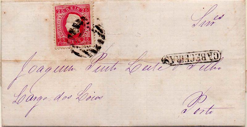 2512.jpg -     Lote:    2512      Lotes pelo Correio              Descrição:         1870/76 &mdash; D. Luís I. Fita direita. CE40, 25 reis, denteado 12 &frac12;, em carta circulada de Cabeceiras para o Porto (26.06.74). Carimbos batidos a preto "CABECEIRAS" e "57".        Carta       Valor Base:     &euro; 15,00     Valor Venda:     &euro;      