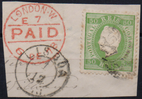 2514.jpg -     Lote:    2514      Lotes pelo Correio              Descrição:         1870/76 &mdash; D. Luís I, fita direita. CE41, 50 reis verde, denteado 12 &frac12;, sobre fragmento.        FRG       Valor Base:     &euro; 5,00     Valor Venda:     &euro;      