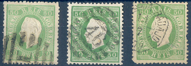 2515.jpg -     Lote:    2515      Lotes pelo Correio              Descrição:         1870/76 &mdash; D. Luís I. Fita direita. Lote de 3 selos de 50 reis, verde: CE41, denteado 12 &frac12;, um com o carimbo do Porto ("46") e outro com o carimbo octogonal de "Badajoz". Valor de catálogo &euro; 225,00        O       Valor Base:     &euro; 20,00     Valor Venda:     &euro;      
