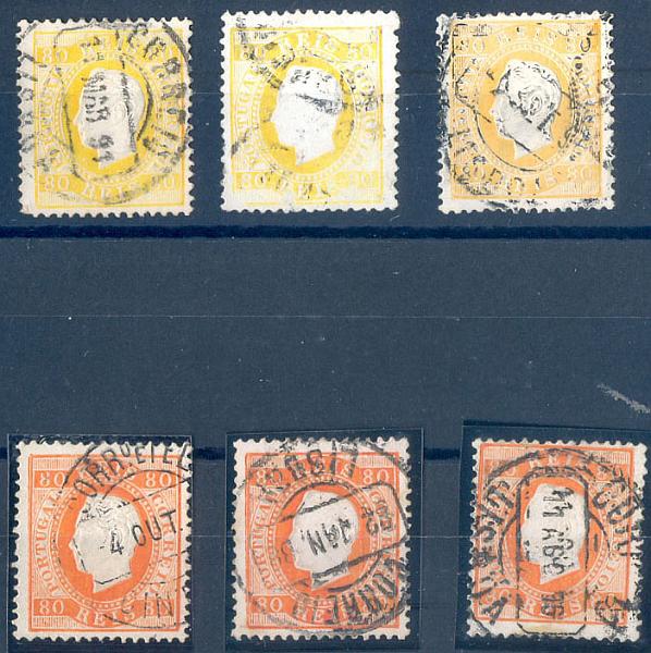 2520.jpg -     Lote:    2520      Lotes pelo Correio              Descrição:         1870/76 &mdash; D. Luís I. Fita direita. Lote de 6 selos de 80 reis, amarelo a laranja, CE42, denteado 12 &frac12;. Valor de catálogo &euro; 200,00.        O       Valor Base:     &euro; 15,00     Valor Venda:     &euro;      