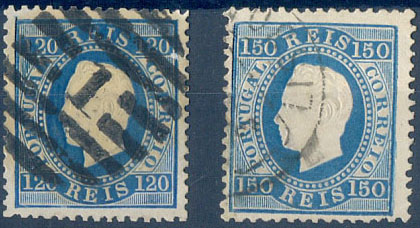 2528.jpg -     Lote:    2528      Lotes pelo Correio              Descrição:         1870/76 &mdash; D. Luís I. Fita direita. Lote de 2 selos CE44/45, de 120 reis e 150 reis, azul, denteado 12 &frac12;. Valor de catálogo &euro; 352,00.        O       Valor Base:     &euro; 30,00     Valor Venda:     &euro;      