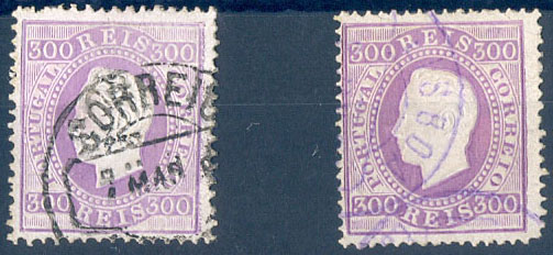 2529.jpg -     Lote:    2529      Lotes pelo Correio              Descrição:         1870/76- D. Luís I. Fita direita. Lote de 2 selos de 300 reis, lilás/violeta, CE47, denteado 12 &frac12; e denteado 13 &frac12;.  Valor de catálogo &euro; 406,00.        O       Valor Base:     &euro; 35,00     Valor Venda:     &euro;      