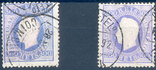 2530.jpg -     Lote:    2530      Lotes pelo Correio              Descrição:         1870/76- D. Luís I. Fita direita. Lote de 2 selos de 300 reis, azul/violeta, CE47, denteado 12 &frac12; e 13 &frac12;. Valor de catálogo &euro; 406,00.        O       Valor Base:     &euro; 35,00     Valor Venda:     &euro;      