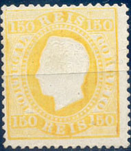 2535.jpg -     Lote:    2535      Lotes pelo Correio              Descrição:         1870/76 - D. Luís I. Fita direita. Novas cores. CE51, 150 reis, amarelo, denteado 13 &frac12;, com um vinco só visível no verso. Valor de catálogo &euro; 310,00.        **       Valor Base:     &euro; 20,00     Valor Venda:     &euro;      