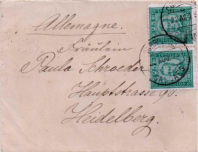 2561.jpg -     Lote:    2561      Lotes pelo Correio              Descrição:         1892/93 &mdash; D. Carlos I Diogo Neto. CE70, 25 reis verde, denteado 11 &frac12;, papel porcelana, em sobrescrito circulado de Cascais (22.08.93) para a Alemanha (26.08.93). MB.        Carta       Valor Base:     &euro; 12,00     Valor Venda:     &euro;      