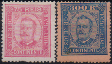 2562.jpg -     Lote:    2562      Lotes pelo Correio              Descrição:         1892/93 &mdash; D. Carlos I Diogo Neto. Lote de dois selos: CE72, 75 reis, papel porcelana, denteado 12 &frac12; + CE79, 300 reis, papel porcelana, denteado 13 &frac12;. Valor de catálogo &euro; 425,00.        **       Valor Base:     &euro; 40,00     Valor Venda:     &euro;      