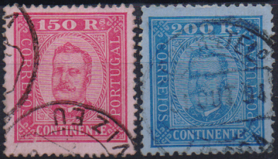 2566.jpg -     Lote:    2566      Lotes pelo Correio              Descrição:         1892/93 &mdash; D. Carlos I tipo Diogo Neto. CE77/78, 150 reis em denteado 13 &frac12; + 200 reis em denteado 12 &frac12;. Valor de catálogo &euro; 174,00.        O       Valor Base:     &euro; 16,00     Valor Venda:     &euro;      