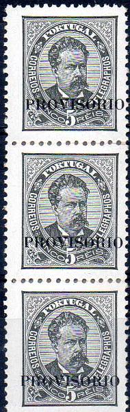 2571.jpg -     Lote:    2571      Lotes pelo Correio              Descrição:         1892/93 &mdash; D. Luís I. Sobrecargas "PROVISORIO". CE80, 5 reis preto, denteado 11 &frac12;. Tira vertical de 3 selos. Valor de catálogo &euro; 85,20        **       Valor Base:     &euro; 6,00     Valor Venda:     &euro;      