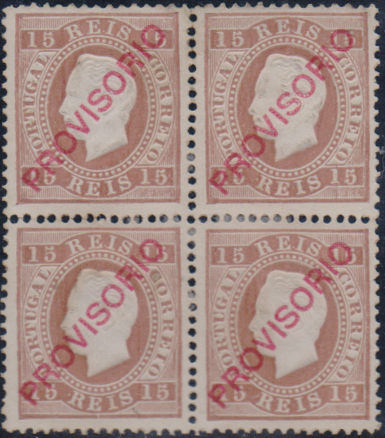2575.jpg -     Lote:    2575      Lotes pelo Correio              Descrição:         1892/93 - D. Luís I. Sobrecarga "PROVISORIO". CE84, 15 reis castanho, papel porcelana, denteado 12 &frac12;, cunho II. Quadra quase sem goma e um ligeiro ponto de óxido. Certificado de peritagem do NFACP. Valor de catálogo &euro; 144,00.        *       Valor Base:     &euro; 15,00     Valor Venda:     &euro;      