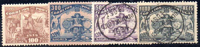 2583.jpg -     Lote:    2583      Lotes pelo Correio              Descrição:         1894 &mdash; 5.º Centenário do Nascimento do Infante D. Henrique. Lote com 4 selos de 100, 300, 500 e 1$000 reis, CE 106, CE108 (ambos novos e sem goma), CE109/110 (usados). Valor de catálogo &euro; 615,00        */O       Valor Base:     &euro; 50,00     Valor Venda:     &euro;      