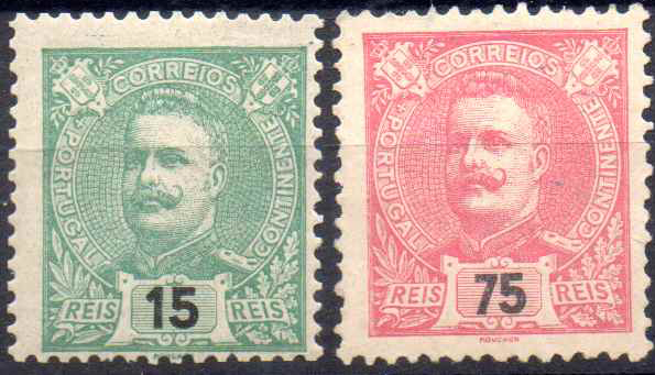 2595.jpg -     Lote:    2595      Lotes pelo Correio              Descrição:         1895/1905 &mdash; D. Carlos I Mouchon. CE133, 75 reis carmim + CE140, 15 reis verde. Valor de catálogo &euro; 292,10.        **       Valor Base:     &euro; 20,00     Valor Venda:     &euro;      