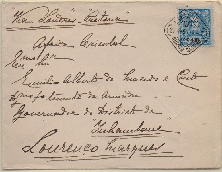 2597.jpg -     Lote:    2597      Lotes pelo Correio              Descrição:         1895/96 &mdash; D. Carlos I Mouchon. CE135, 100 reis azul em sobrescrito circulado de Lisboa (21.01.96) para Lourenço Marques.        Carta       Valor Base:     &euro; 15,00     Valor Venda:     &euro;      