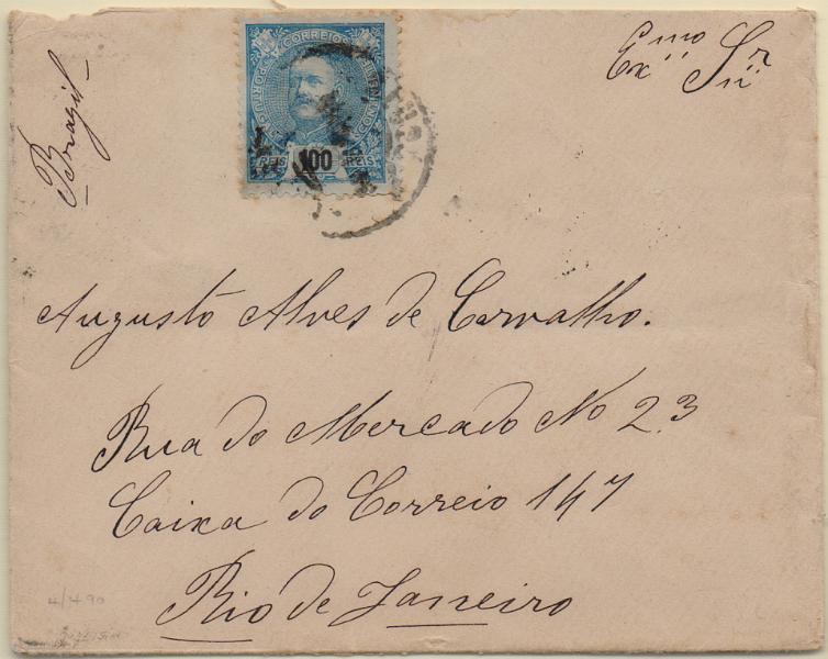 2598.jpg -     Lote:    2598      Lotes pelo Correio              Descrição:         1895/96 &mdash; D. Carlos I Mouchon. CE135, 100 reis azul em sobrescrito circulado de Lisboa para o Rio de Janeiro (15.04.96).        Carta       Valor Base:     &euro; 20,00     Valor Venda:     &euro;      