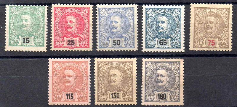 2600.jpg -     Lote:    2600      Lotes pelo Correio              Descrição:         1898/1905 &mdash; D. Carlos I. Novas cores e valores. CE140/147. Série completa. Valor de catálogo &euro;133,00. Selos regomados        RG**       Valor Base:     &euro; 12,00     Valor Venda:     &euro;      