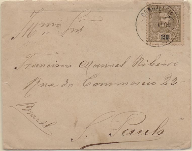 2602.jpg -     Lote:    2602      Lotes pelo Correio              Descrição:         1898/905 &mdash; D. Carlos I Mouchon. CE146, 130 reis castanho em sobrescrito circulado de Chacim (06.05,00) para S. Paulo (22.05,00).        Carta       Valor Base:     &euro; 10,00     Valor Venda:     &euro;      