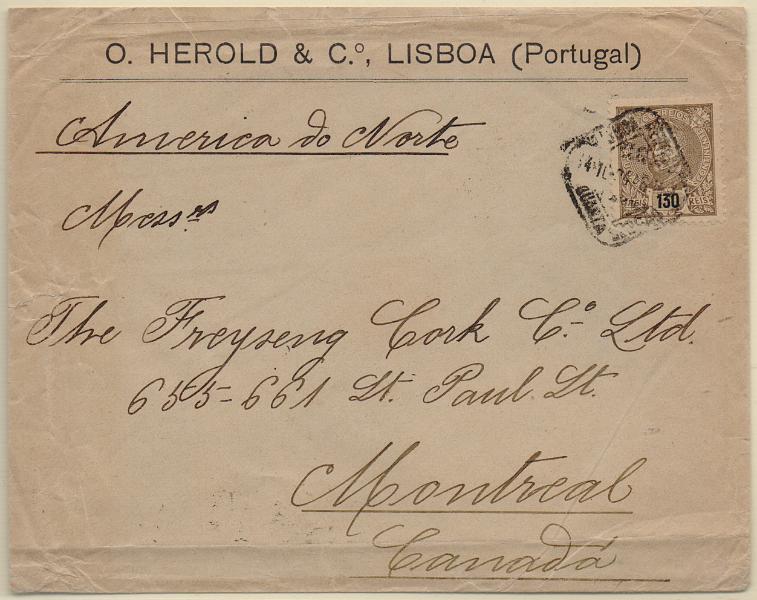 2603.jpg -     Lote:    2603      Lotes pelo Correio              Descrição:         1898/905 &mdash; D. Carlos I Mouchon. CE146, 130 reis castanho em sobrescrito circulado de Lisboa (14.10.04) para Montreal (29.10.96).        Carta       Valor Base:     &euro; 15,00     Valor Venda:     &euro;      