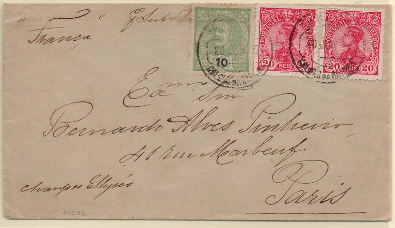 2606.jpg -     Lote:    2606      Lotes pelo Correio              Descrição:         1898/1910 &mdash; D. Carlos I + D. Manuel II. Sobrescrito circulado de Caldas da Rainha (20.06.10) para a Alemanha com selos de 10 reis CE128 e dois selos de 10 reis CE160.        Carta       Valor Base:     &euro; 30,00     Valor Venda:     &euro;      