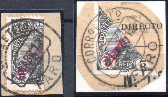 2607.jpg -     Lote:    2607      Lotes pelo Correio              Descrição:         1910, D. Manuel, com sobrecarga REPUBLICA. CE171, 5 reis preto. Dois fragmentos com selos bipartidos, um em diagonal e outro vertical, obliterados com carimbo de FARO.         FRG       Valor Base:     &euro; 15,00     Valor Venda:     &euro;      
