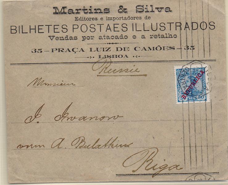 2608.jpg -     Lote:    2608      Lotes pelo Correio              Descrição:         1910 &mdash; D. Manuel II, com sobrecarga REPUBLICA. CE176, 50 reis azul, em sobrescrito circulado de Lisboa (10.03.12) para Riga (11.03.12). Diferença temporal entre os calendários, gregoriano e juliano. MB.        Carta       Valor Base:     &euro; 15,00     Valor Venda:     &euro;      
