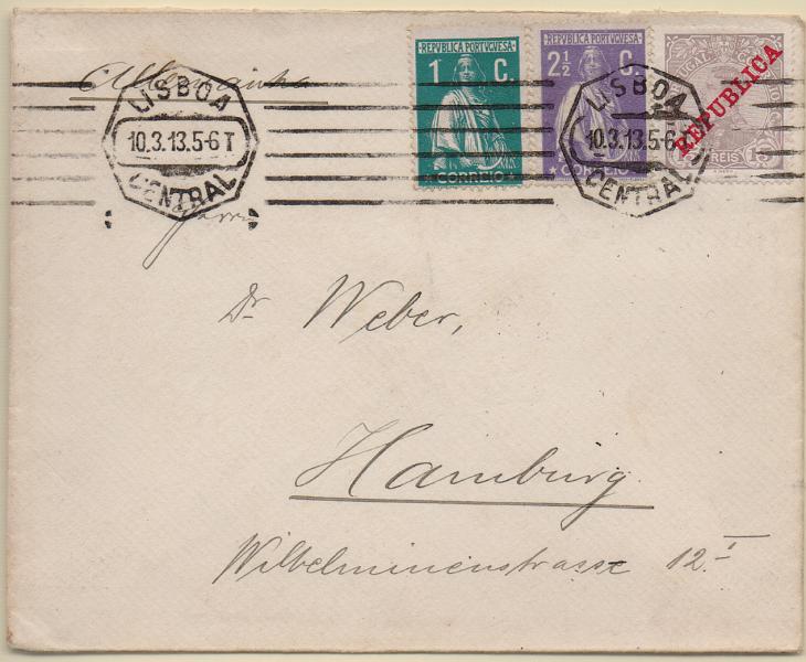 2609.jpg -     Lote:    2609      Lotes pelo Correio              Descrição:         1910/12 &mdash; D. Manuel II, com sobrecarga REPUBLICA + Ceres. Sobrescrito circulado de Lisboa (10.03.13) para a Alemanha, com selos de 15 reis CE173 + 1C e 2 &frac12; C CE208 e 211.        Carta       Valor Base:     &euro; 10,00     Valor Venda:     &euro;      