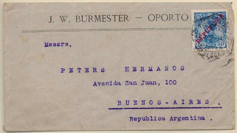 2610.jpg -     Lote:    2610      Lotes pelo Correio              Descrição:         1910 &mdash; D. Manuel II, com sobrecarga REPUBLICA. CE176, 50 reis azul, em sobrescrito circulado do Porto para Buenos Aires.        Carta       Valor Base:     &euro; 15,00     Valor Venda:     &euro;      
