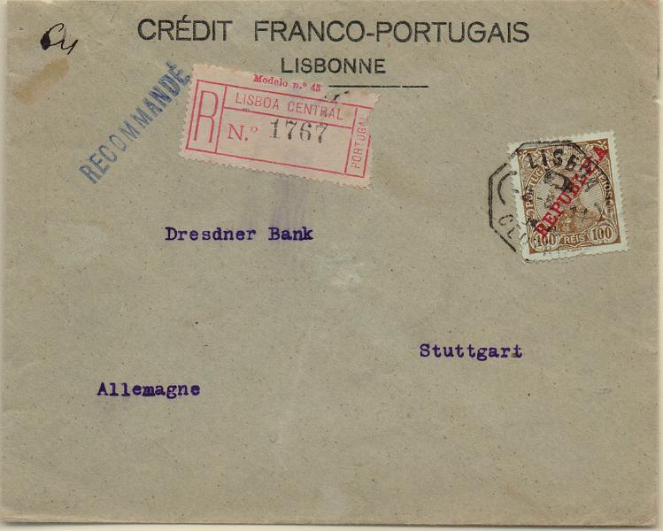 2611.jpg -     Lote:    2611      Lotes pelo Correio              Descrição:         1910 &mdash; D. Manuel II, com sobrecarga REPUBLICA. CE179, 100 reis castanho s/ verde, em sobrescrito circulado registado de Lisboa (02.05.11) para a Alemanha.        Carta       Valor Base:     &euro; 10,00     Valor Venda:     &euro;      