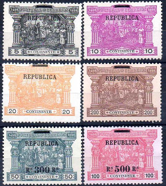 2613.jpg -     Lote:    2613      Lotes pelo Correio              Descrição:         1911 &mdash; 4.º Centenário do Descobrimento do caminho Marítimo para a Índia, com sobrecarga REPUBLICA sobre selos do Porteado do Continente. CE192/197. Série completa sem goma.        *       Valor Base:     &euro; 30,00     Valor Venda:     &euro;      