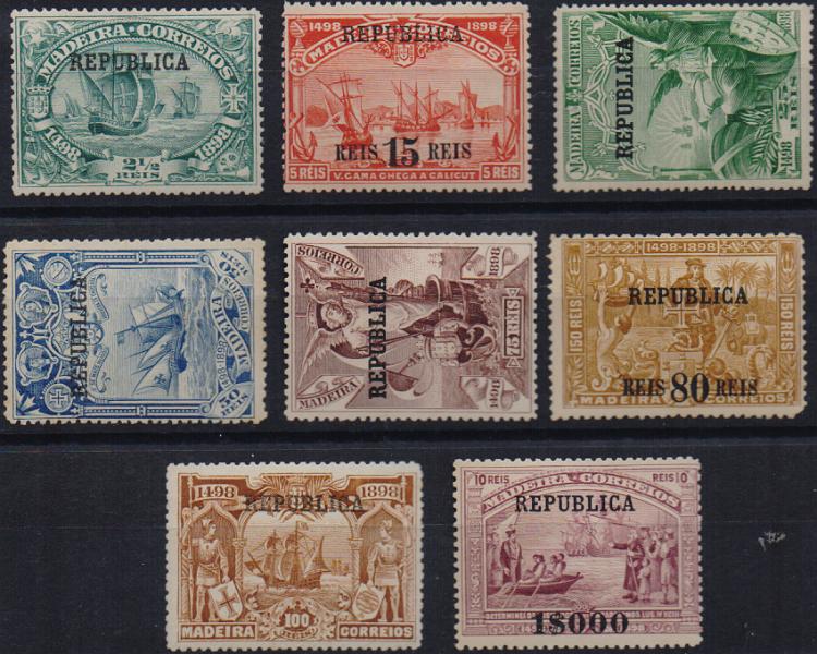 2614.jpg -     Lote:    2614      Lotes pelo Correio              Descrição:         1911 &mdash; 4.º Centenário do Descobrimento do Caminho Marítimo para a Índia, com sobrecarga REPUBLICA, sobre selos postais da Madeira. CE198/205. Série completa.        RG***       Valor Base:     &euro; 20,00     Valor Venda:     &euro;      