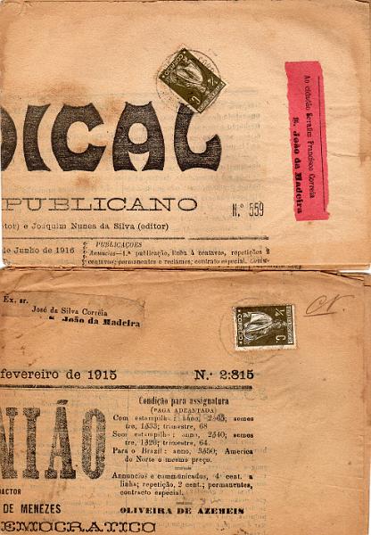 2616.jpg -     Lote:    2616      Lotes pelo Correio              Descrição:         1912 &mdash; Ceres. CE206, &frac14; c sépia. Dois jornais de 1915 e 1916 circulados cada um com um selo.        JRN       Valor Base:     &euro; 8,00     Valor Venda:     &euro;      