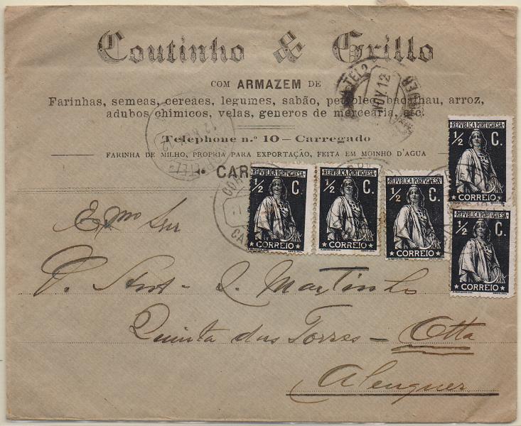 2620.jpg -     Lote:    2620      Lotes pelo Correio              Descrição:         1912 &mdash; Ceres. CE207, 2 &frac12; c preto, papel porcelana, denteado 15x14. Cinco selos em sobrescrito circulado do Carregado (11.11.12) para Alenquer.        Carta       Valor Base:     &euro; 8,00     Valor Venda:     &euro;      